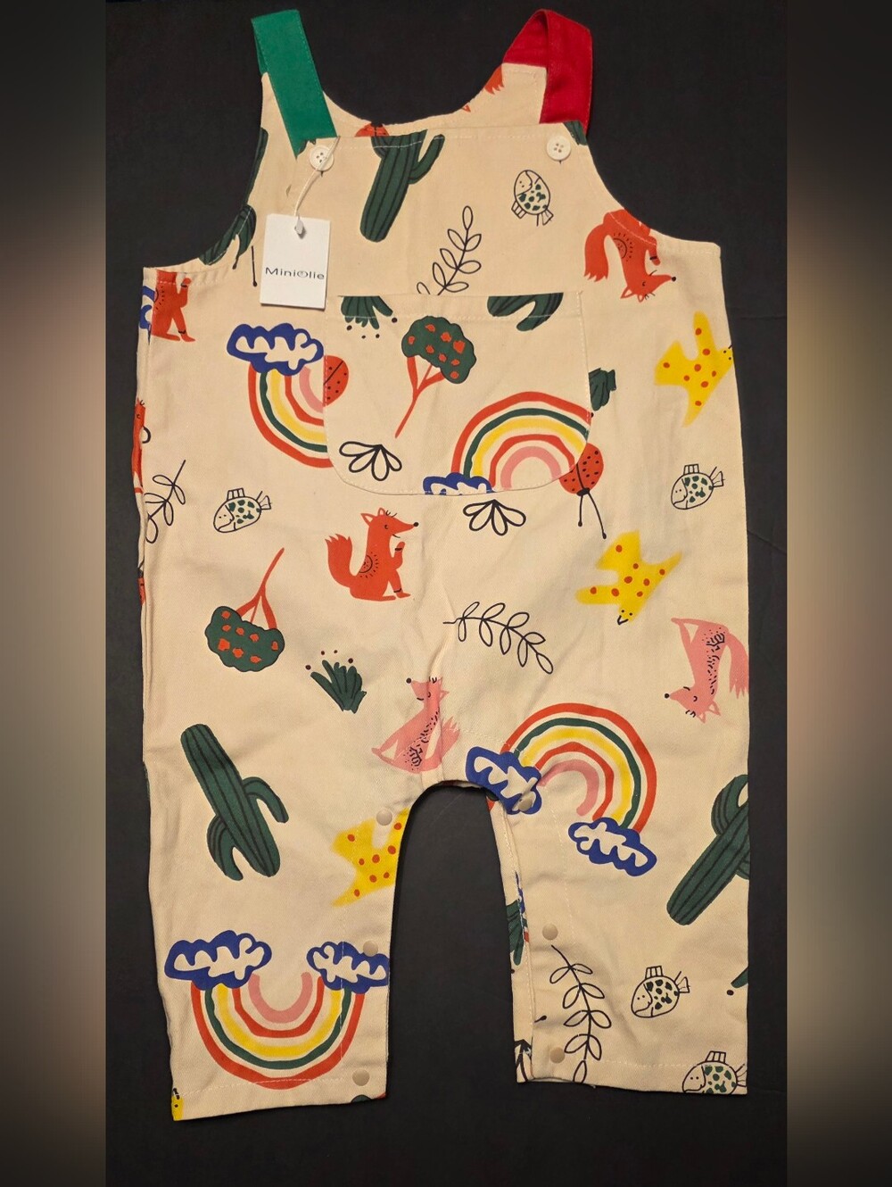 ADORABLE Miniolie Cream Rainbow & Fox Overalls Size 18-24m